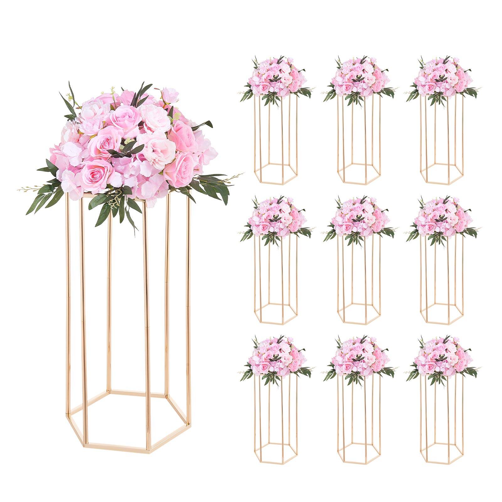 Front. VEVOR - Wedding Flower Stand, 10PCS 23.62-inch Column Flower Stand, Floral Stands with Acrylic Laminate, Hexagonal Cubic Floral - French Gold.
