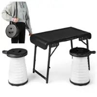 Costway - 3-Piece Folding Table Stool Set with a Camping Table & 2 Retractable LED Stools - Black+White - Front_Zoom