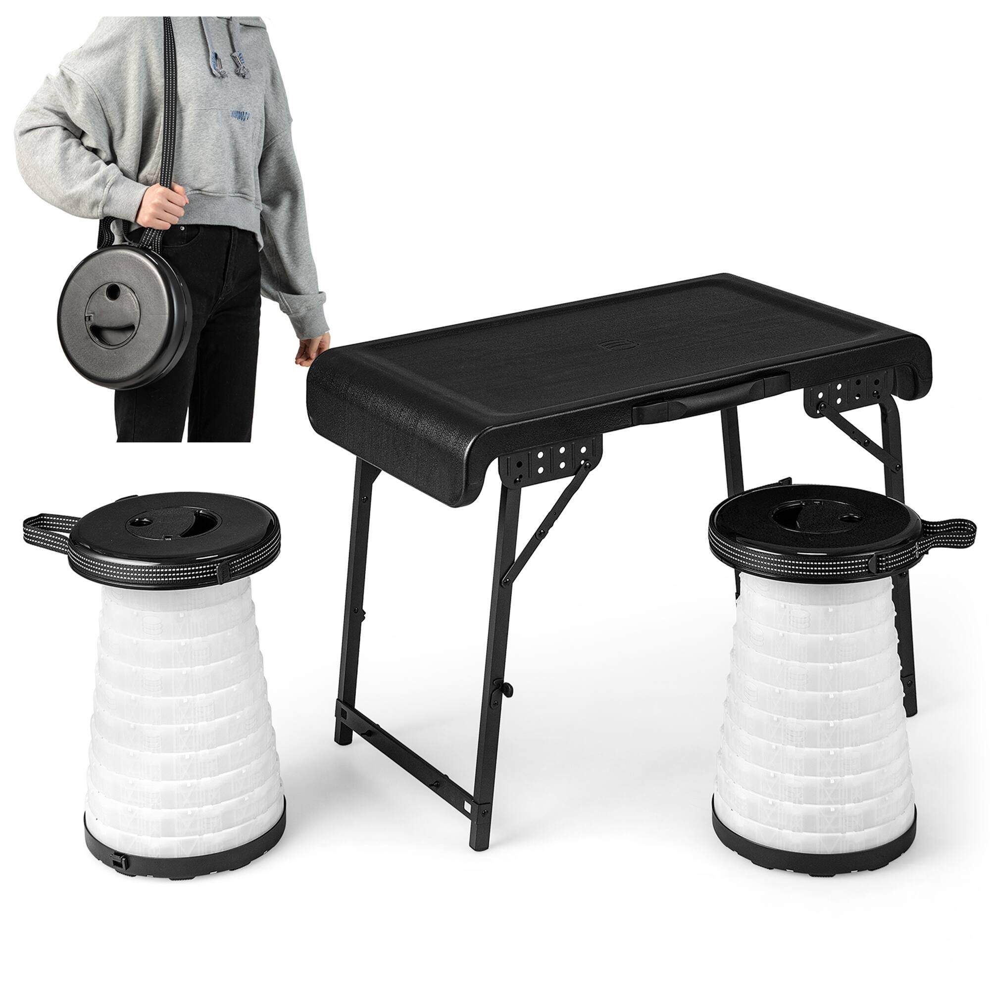 Front. Costway - 3-Piece Folding Table Stool Set with a Camping Table & 2 Retractable LED Stools - Black+White.