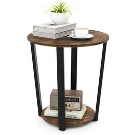 Ecooso - 2-Tier Round End Side Table with Metal Frame and Storage Shelf, Beside Table for Home Office - Brown