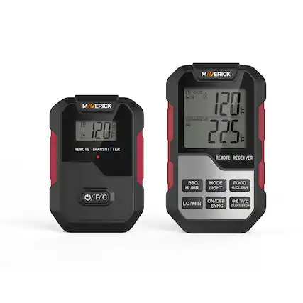 MAVERICK MAVERICK 3 120" T REMOTE TRANSMITTER 1 FOOD (H) 120 IT 2 BARBECUE (225) T REMOTE RECEIVER F/C BBQ MODE FOOD HI/HR LIGHT HI/CLEAR ON/OFF (C.) FIC LO/MIN SYNC START/STOP