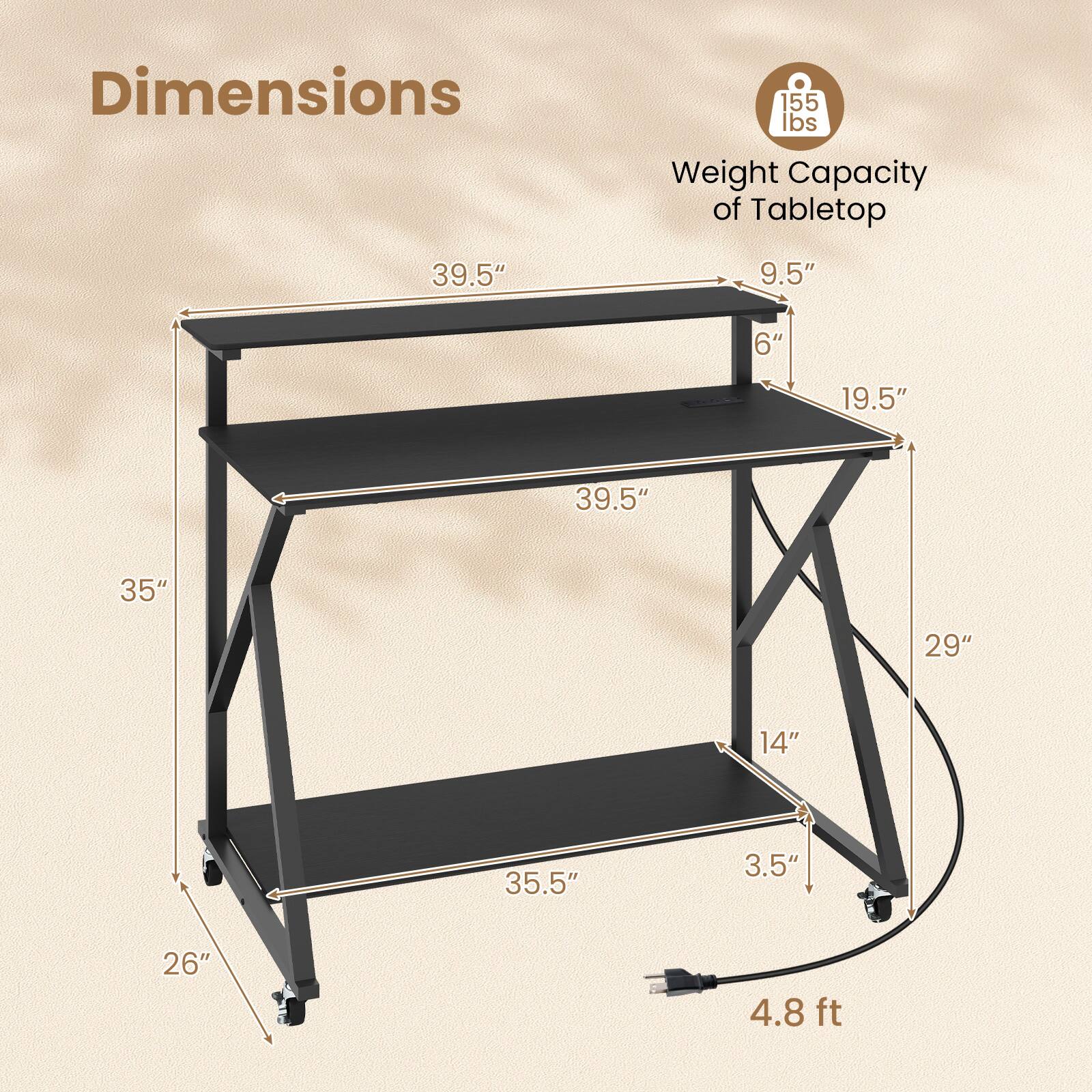 Dimensions
- 155 lbs
- Weight Capacity of Tabletop
- 39.5"
- 9.5"
- 6"
- 19.5"
- 39.5"
- 35"
- 29"
- 14"
- 35.5"
- 3.5"
- 26"
- 4.8 ft