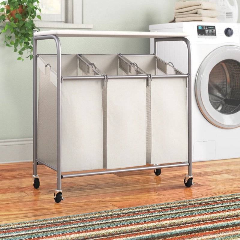 Angle. Hivvago - 3 Section Wheeled Laundry Sorter Cart with Lift Top Folding Ironing Board - Silver.
