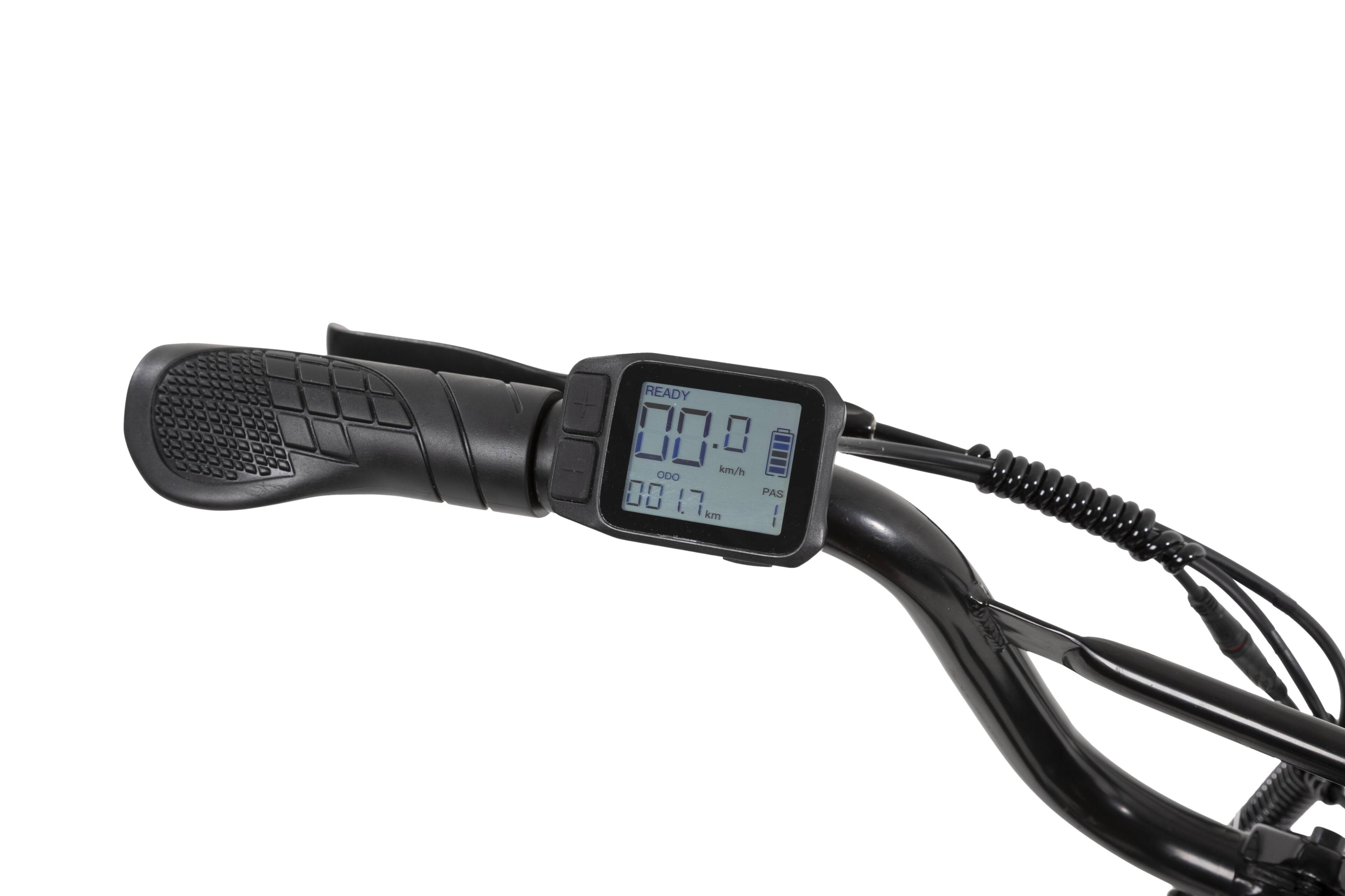 The text on the image reads: "Ready 00 0 ODO km/h 00 PAS 17 I. I km 1 I." This text is likely a part of a bicycle computer display, which shows the current status of the bike, including the speed, distance, and other relevant information.