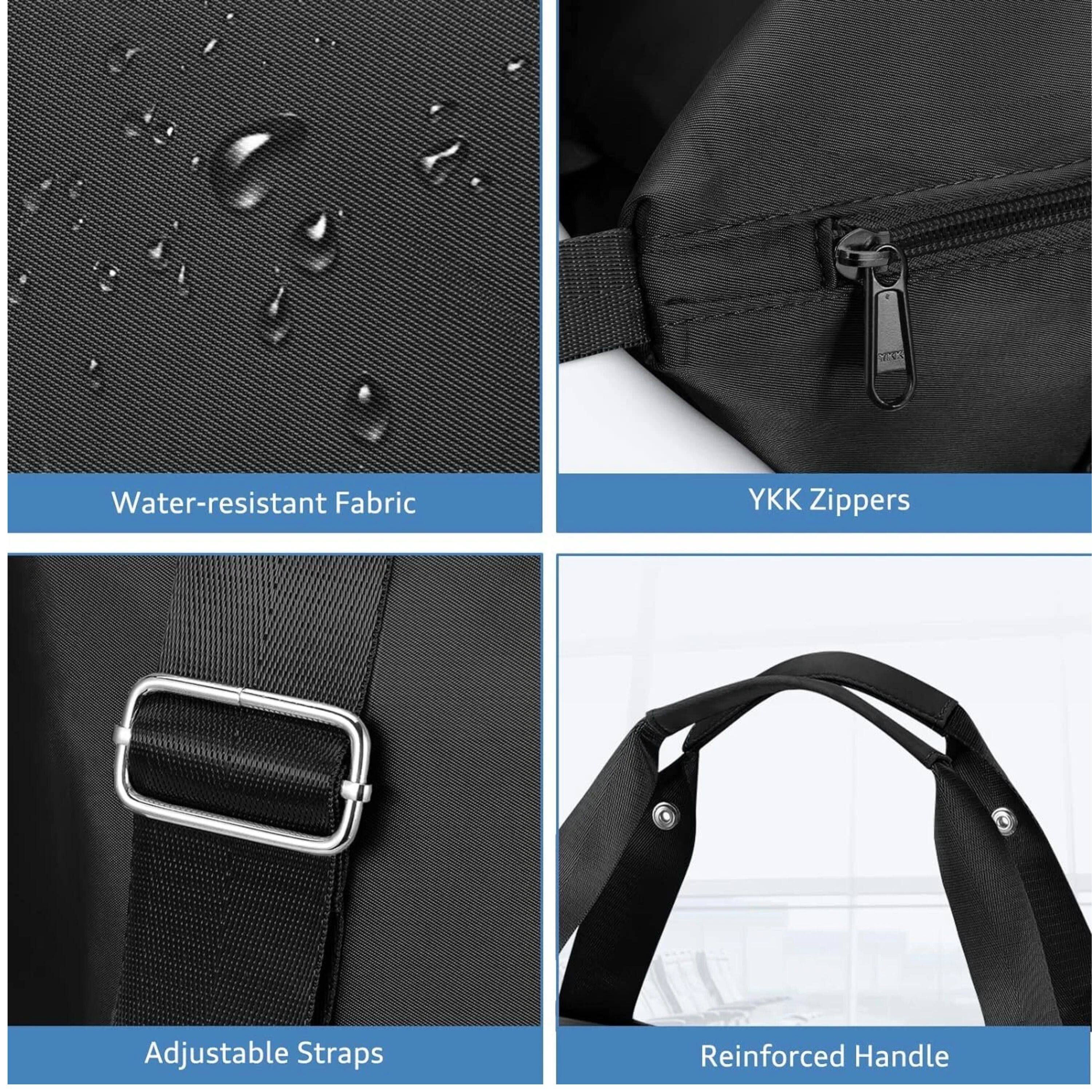 - Water-resistant Fabric
- YKK Zippers
- Adjustable Straps
- Reinforced Handle