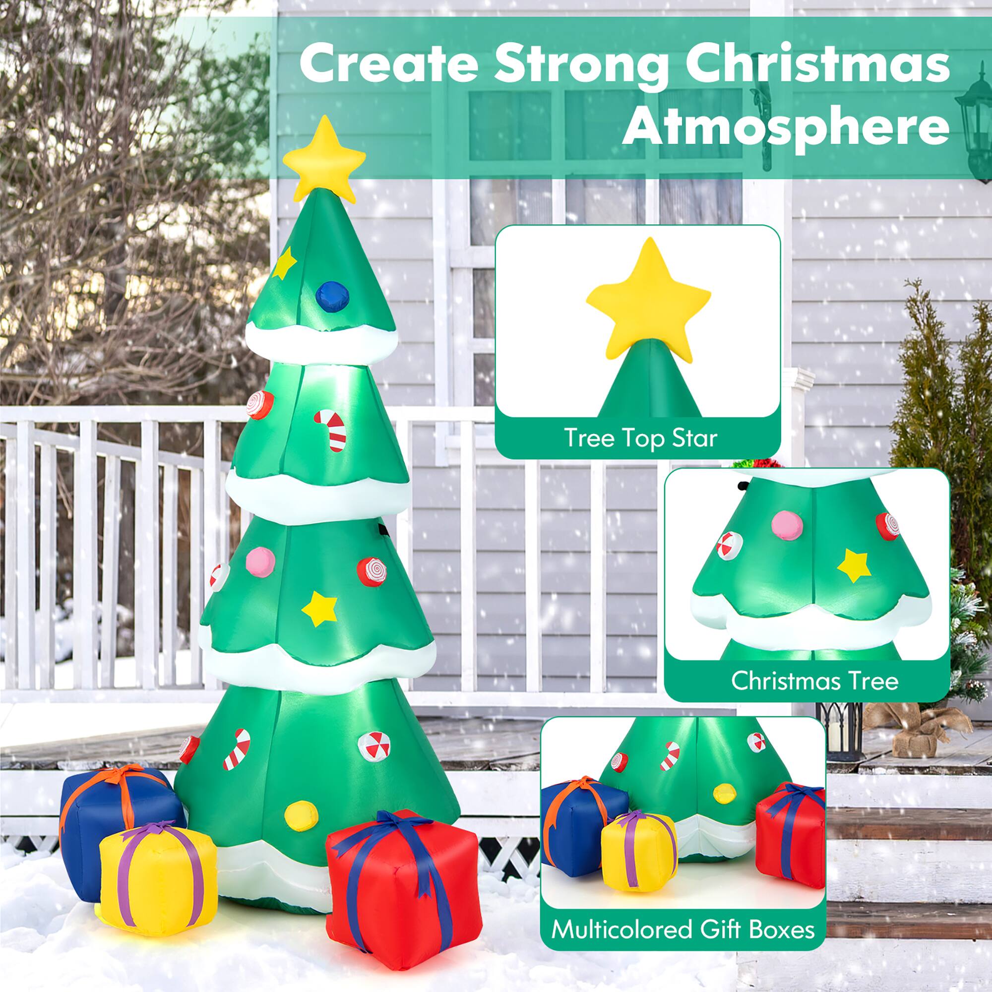 Create a Strong Christmas Atmosphere with Tree Top Star Christmas Tree and Multicolored Gift Boxes.