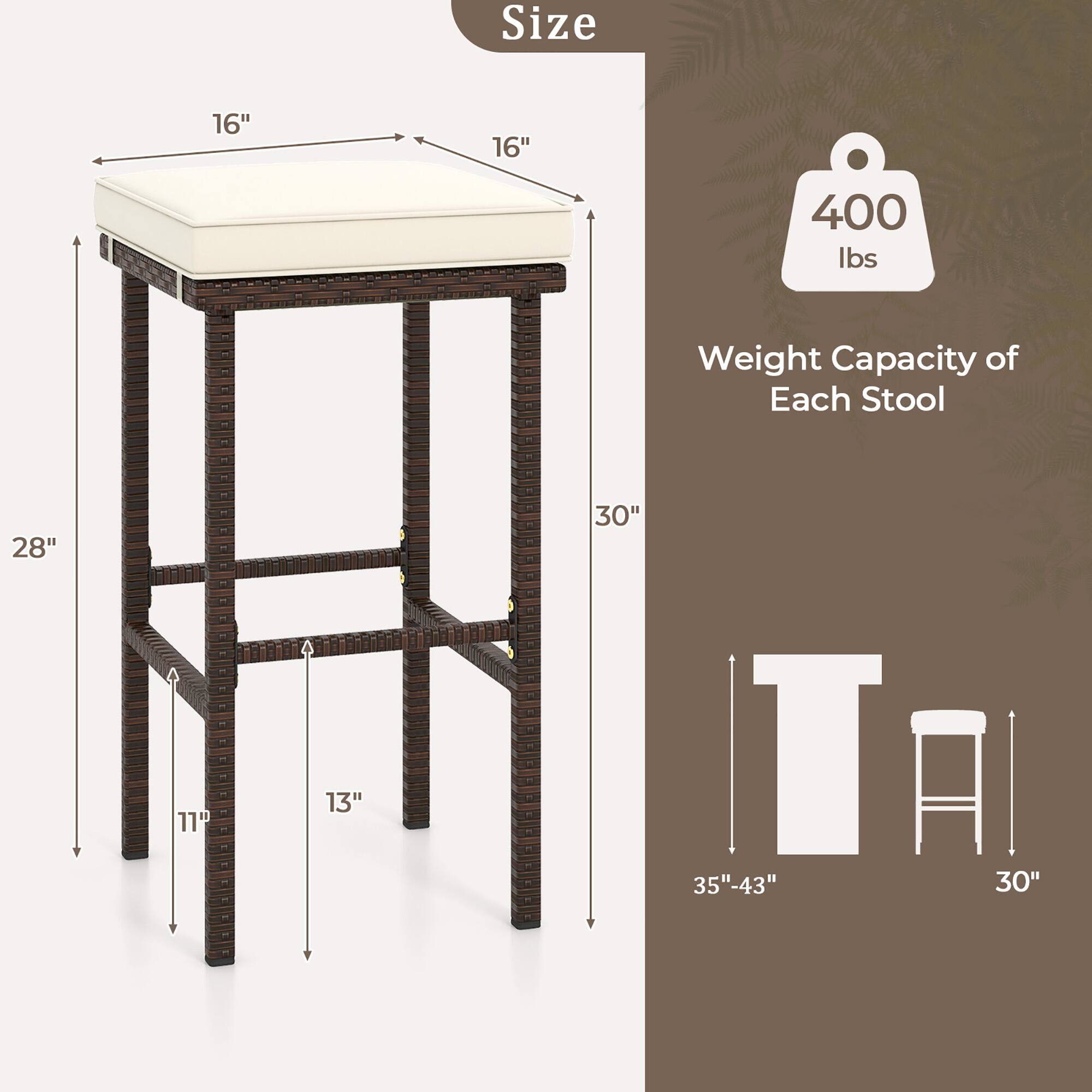 Size: 16" 16" 28" 11" 13" 30"

Weight Capacity of Each Stool: 400 lbs

Dimensions: 35"-43" 30"