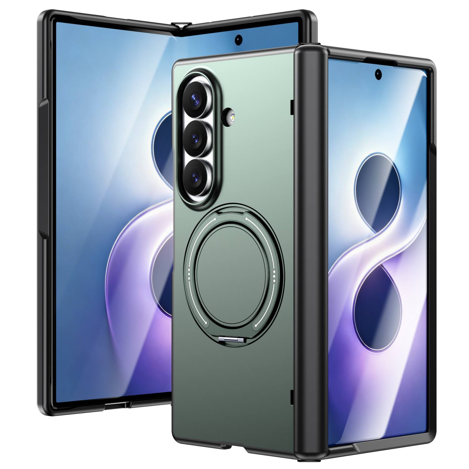 Angle. Dteck - Shockproof Phone Case for Samsung Galaxy Z Fold8 Ultra with Ring Kickstand Hinge Guard, Rugged Magnetic Protective Cover - Green.