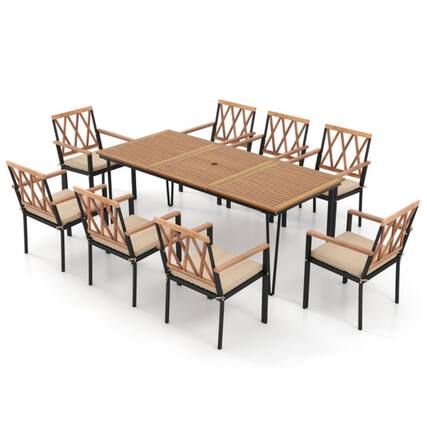 Front. Mondawe - 9-Piece Patio Dining Set 35.5 Inch Acacia Wood Table with Umbrella Hole and 22.5-Inch Wide Chairs - Natural.
