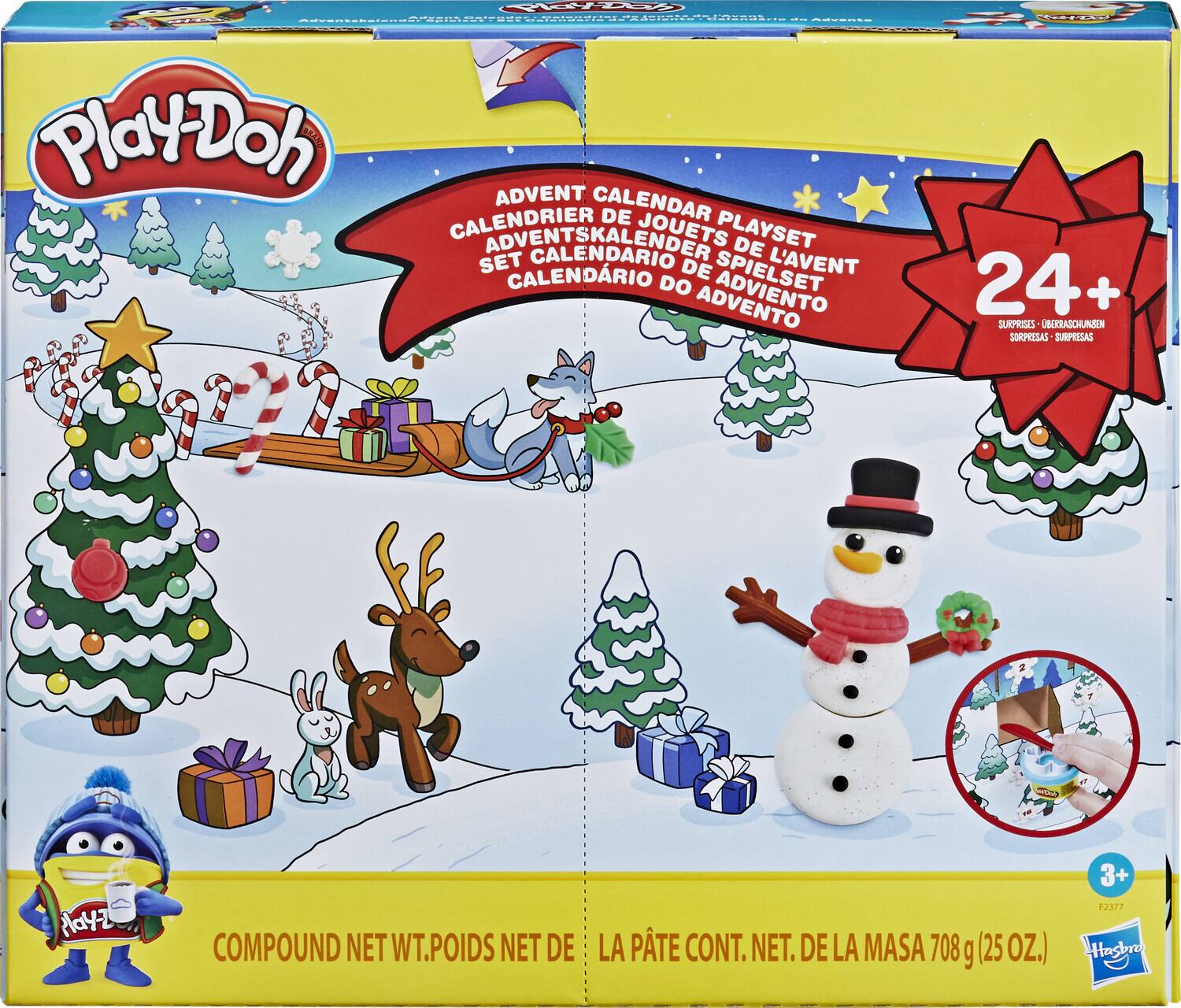 The text on the image can be grouped and corrected as follows:

**Product Name:**
- Play-Doh Advent Calendar

**Features:**
- 24+ Surprises
- Playset

**Languages:**
- MARUENS -- PREECEE M
- CALENDRIER DE ADVENT
- KALENDER
- JOUETS
- PLAYSET DE
- SET CALENDARIO DE L'AVENT
- CALENDRIO
- DO SPIELSET ADVENTO

**Weight:**
- Compound Net WT. Poids Net de la Pte Cont. Net. de la Masa 708 g (25 OZ.)

**Age Recommendation:**
- 3+

**Brand:**
- Hasbro

**Additional Information:**
- LA PÂTE CONT. NET. DE LA MASSE 708 g (25 OZ.)