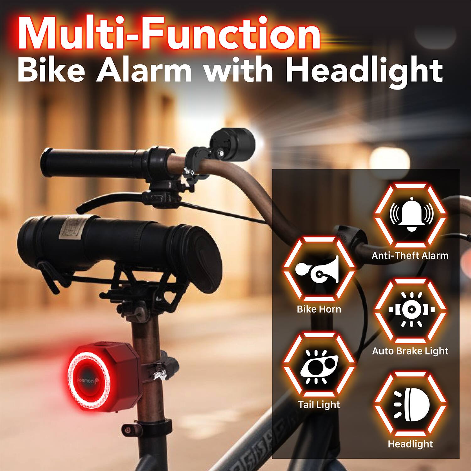 Multi-Function Bike Alarm with Headlight

- Anti-Theft Alarm
- Bike Horn
- Auto Brake Light
- Tail Light
- Headlight