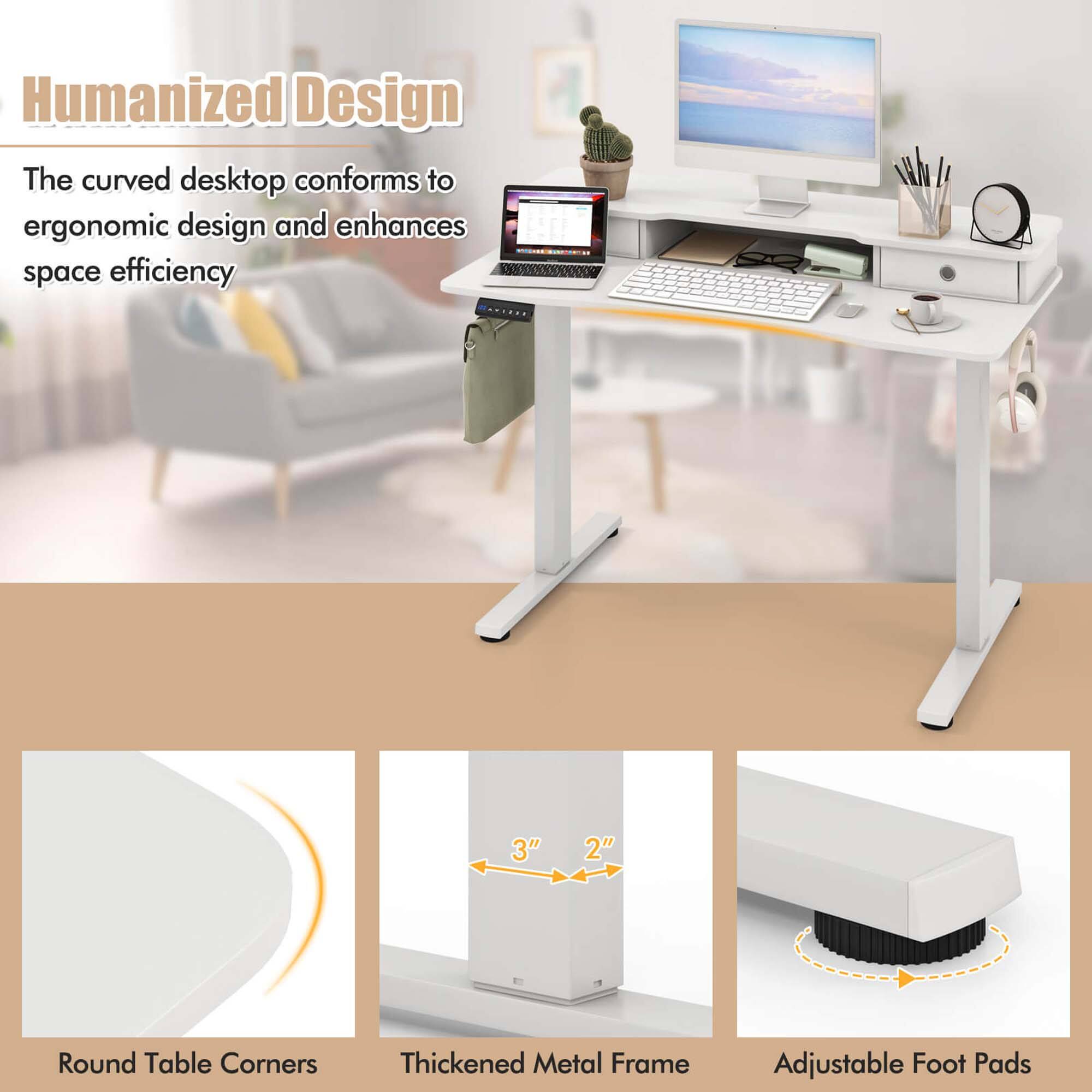 Humanized Design

The curved desktop conforms to ergonomic design and enhances space efficiency

- Round Table Corners
- Thickened Metal Frame
- Adjustable Foot Pads

3" 2"