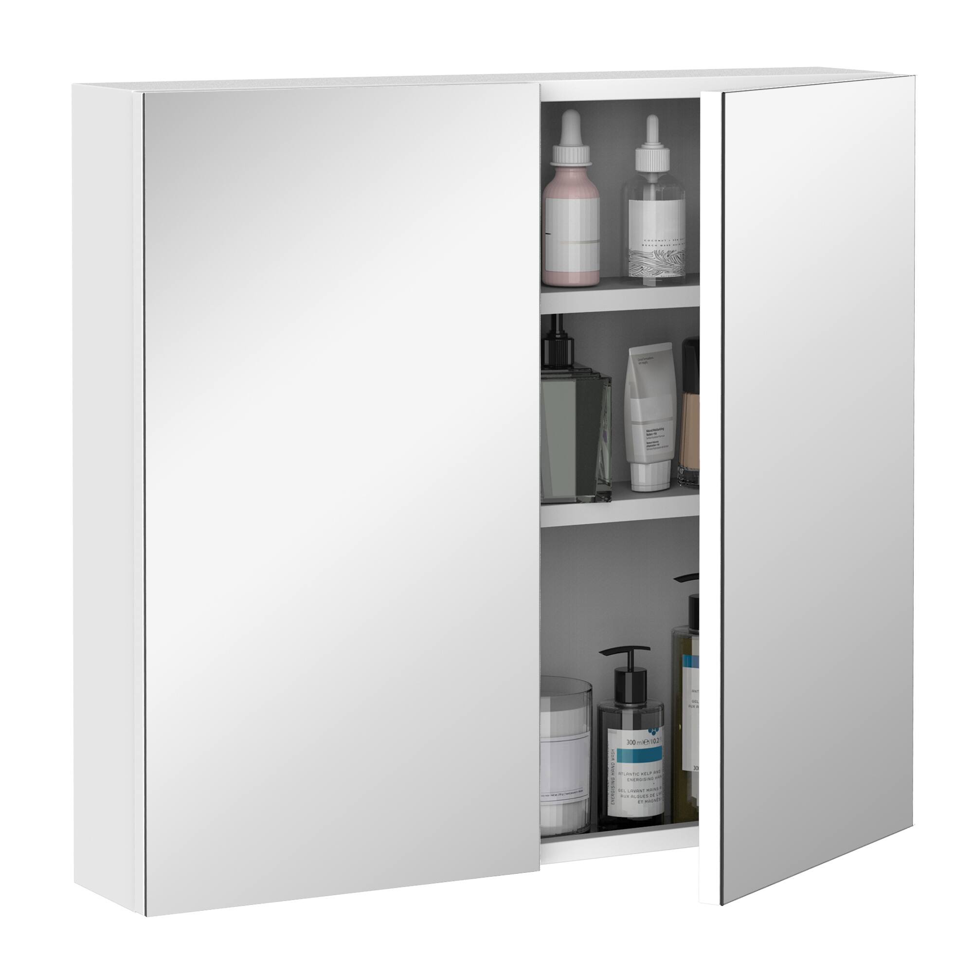 Kleankin - Bathroom Mirrored Cabinet, 24"x22" Steel Frame Medicine Cabinet, Wall-Mounted Storage Organizer with Double Doors - White