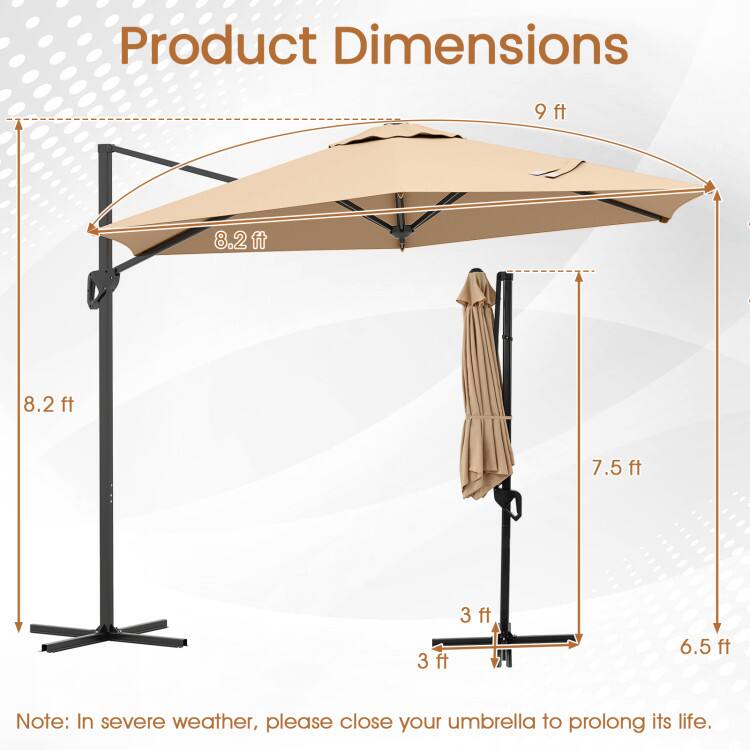 Product Dimensions: 9 ft, 8.2 ft, 8.2 ft, 7.5 ft, 3 ft, 3 ft, 6.5 ft

Note: In severe weather, please close your umbrella to prolong its life.