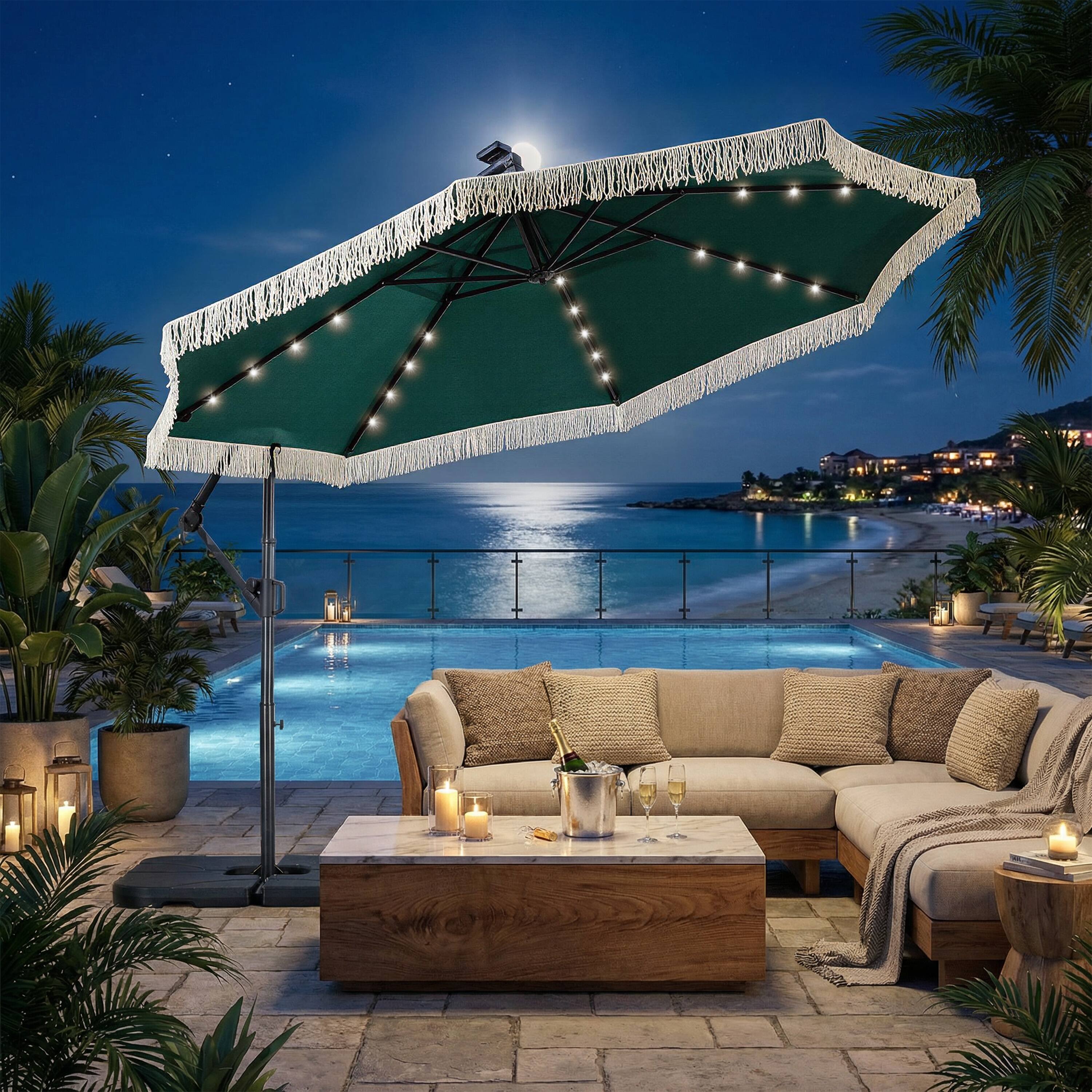 Alt View 2. Mondawe - 10ft Patio Offset Hanging Lighted Umbrella with Tassels - Green.
