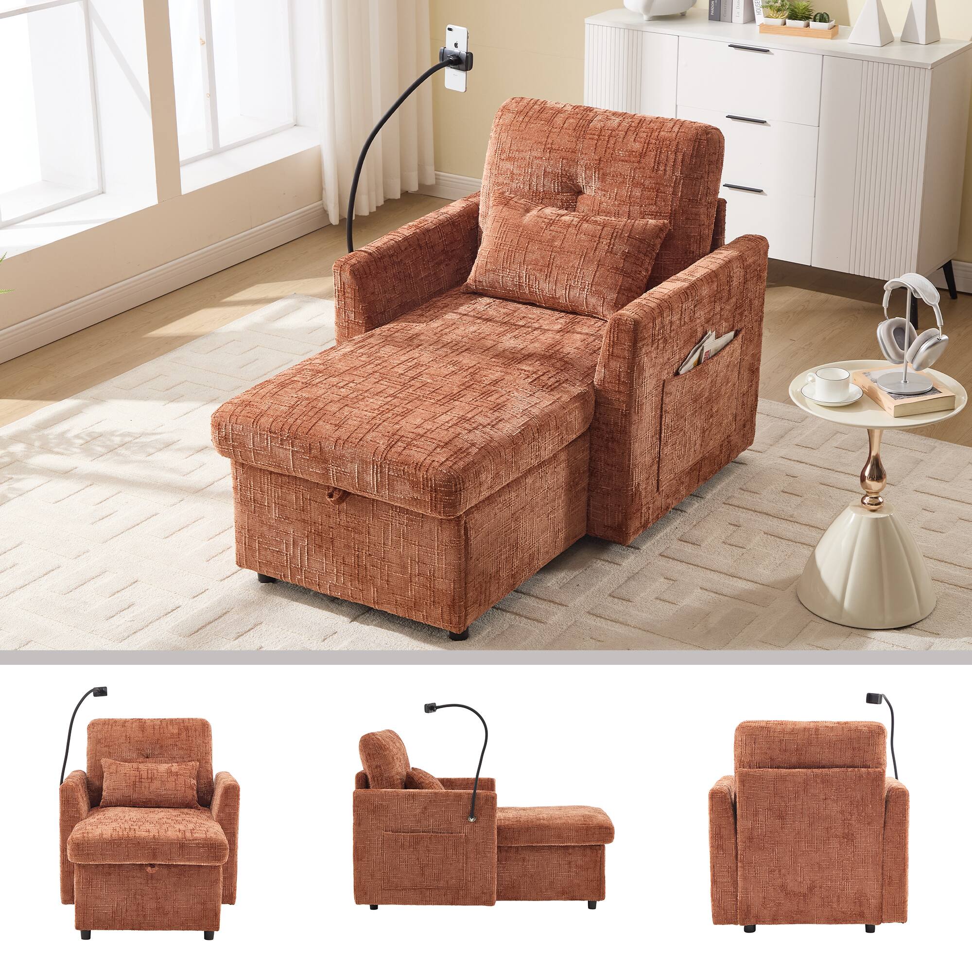 Left. Trinkets Crazed - Lazy Person Sofa Couch, Multifunctional Chenille Single Leisure Chair with Storage Backrest, Cell Phone Bracket - Orange.
