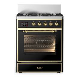 ILVE - Majestic III Series 30 in. Dual Fuel Range with 5 Sealed Burners (Liquid Propane, Brass Trim) - Glossy Black
