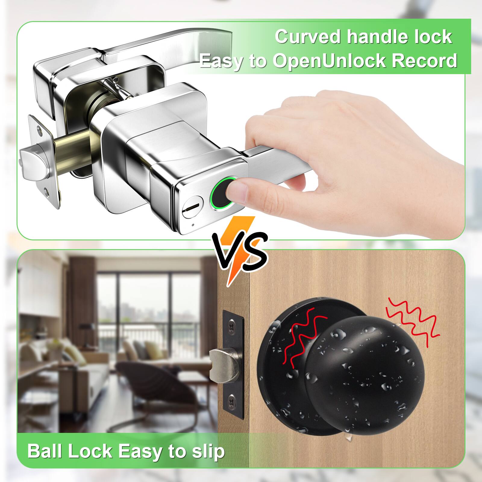 Curved handle lock Easy to OpenUnlock Record VS Ball Lock Easy to slip