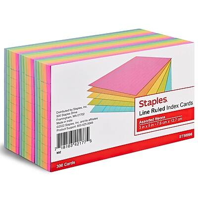Staples - 3" x 5" Index Cards, Lined, Colors, 300/Pack (TR50998) - Assorted