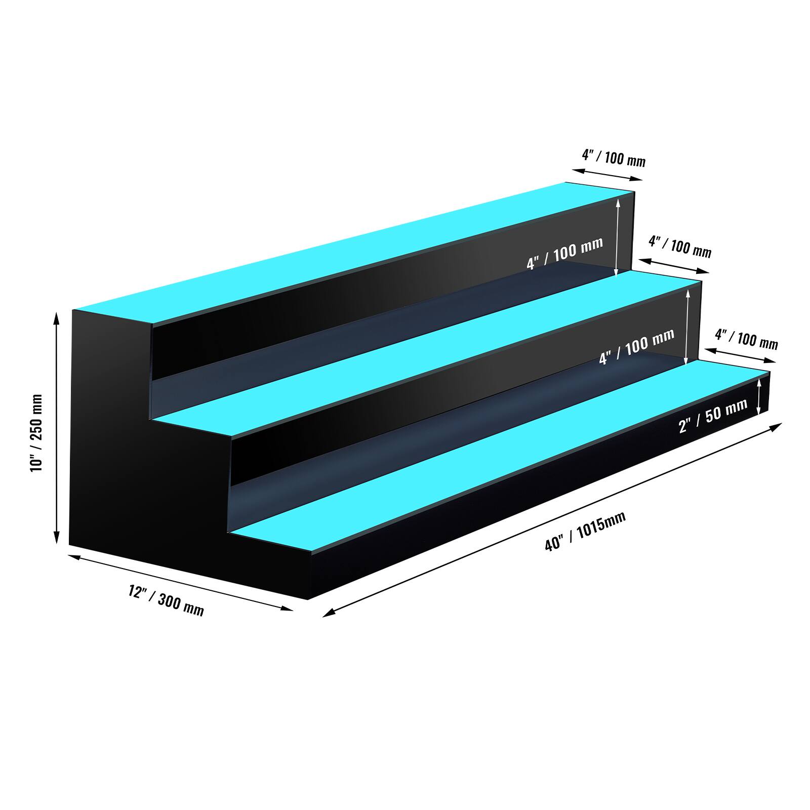 4" / 100 mm  
4" / 100 mm  
4" / 100 mm  
4" / 100 mm  
2" / 50 mm  
10" / 250 mm  
12" / 300 mm  
40" / 1015 mm