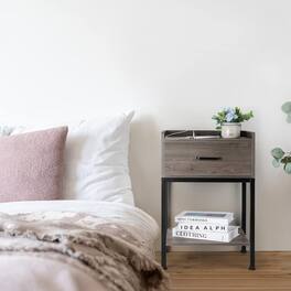 Oumilen - Grey Wood Nightstand with Charging Station, Industrial End Table with Drawer & Shelf - Gray
