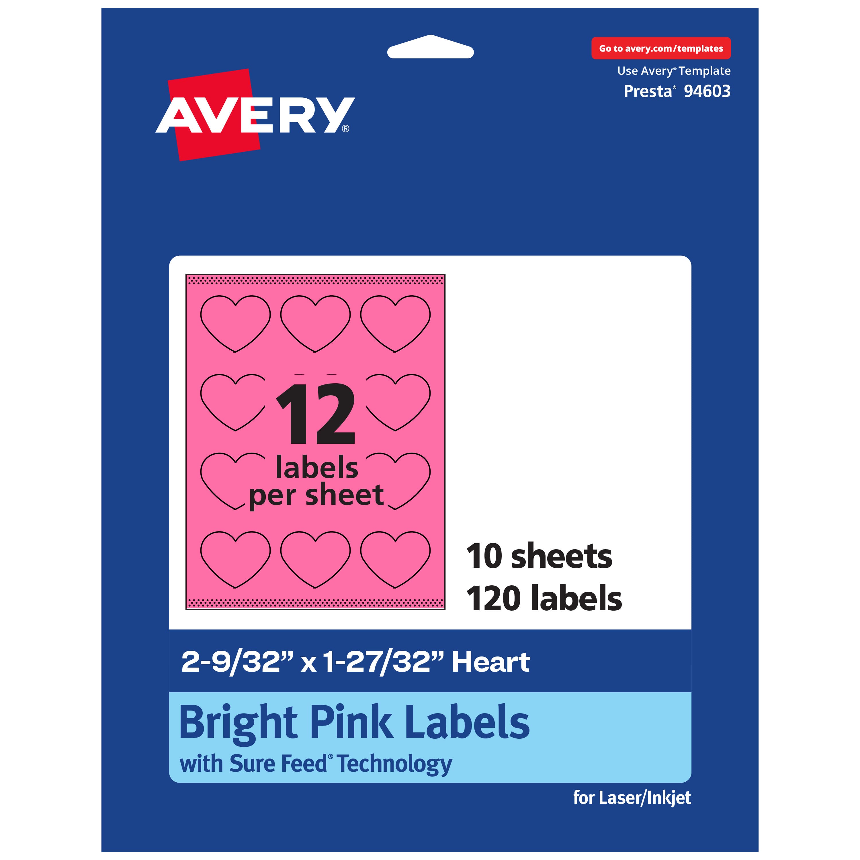 Avery - Printable Heart Labels, Bright 2-9/32" x 1-27/32", 120ct - Pink