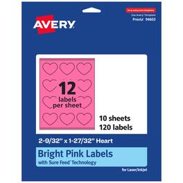 Avery - Printable Heart Labels, Bright 2-9/32" x 1-27/32", 120ct - Pink