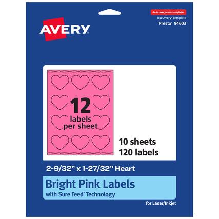 Go to avery.com/templates
Use Avery Template Presta 94603
12 labels per sheet
10 sheets
120 labels
2-9/32" x 1-27/32" Heart
Bright Pink Labels with Sure Feed Technology for Laser/Inkjet