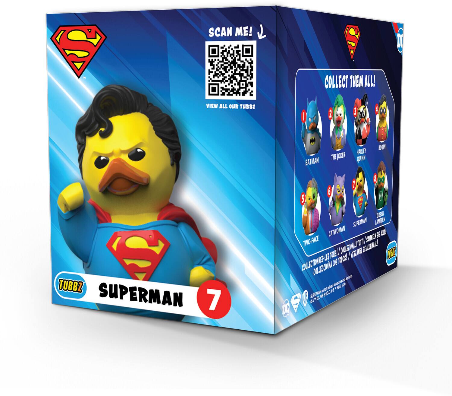 Sure, here's the corrected and grouped text:

---

**SCAN ME!**  
**COLLECT THEM ALL!**  
**VIEW ALL OUR TUBBZ**

1. BATMAN
2. THE JOKER
3. HARLEY QUINN
4. ROBIN
5. GREEN LANTERN
6. CATWOMAN
7. SUPERMAN
8. TWO-FACE

**TUBBZ SUPERMAN 7**

**COLLECTIONNEZ-LE!**  
**COLECCIONELO!**  
**COLLECT IT!**

**DC**

---

This text is from the packaging of a Superman Tubbz toy.