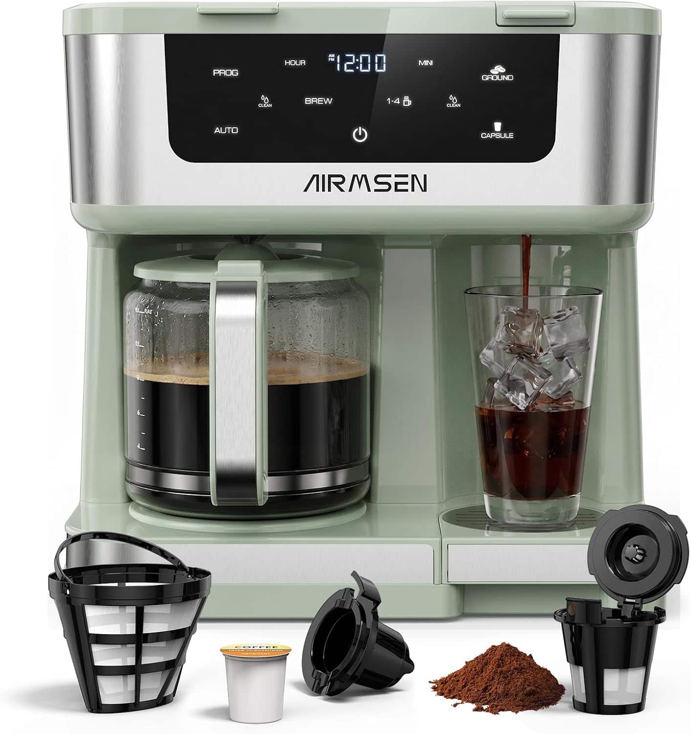 AIRMSEN - 12-Cup Drip Coffee Maker with K-Cup Combo, Single Serve & Carafe Coffee Machine - Mint Green