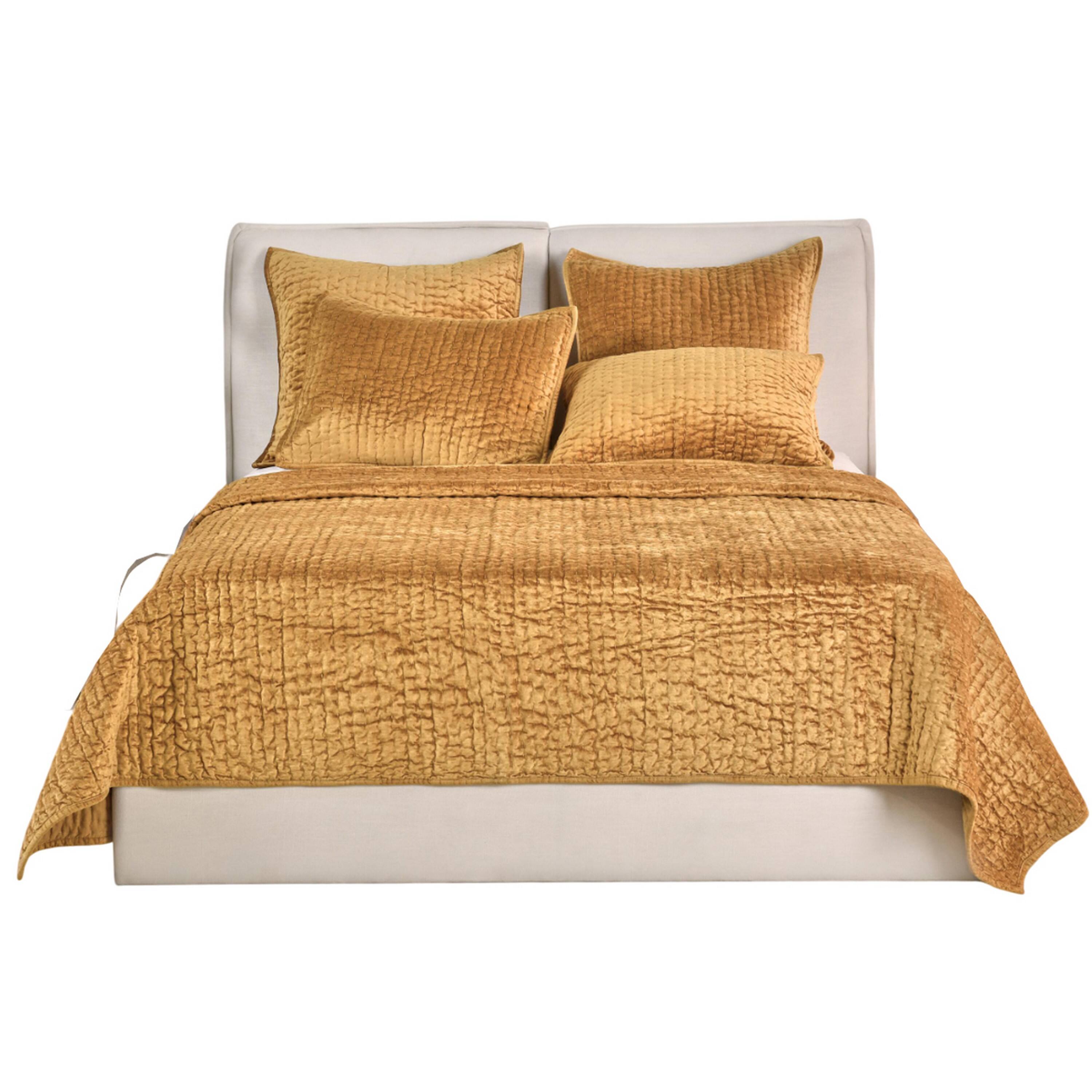 Left. Manhattan Lane - Romie King Kantha Quilt, Hand-Stitched Honey Rayon Velvet, Cotton - Honey Gold.
