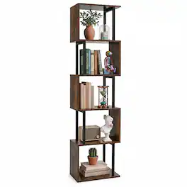 Costway - 1 PCS S-Shaped Bookshelf, 5-Tier Geometric Bookcase Corner Display Shelf for Office - Rustic Brown