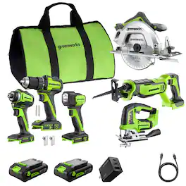 Greenworks - 24V Brushless 6pcs Power Tool Combo Kit, with (2) 2Ah USB-C Batteries and Charger - Green