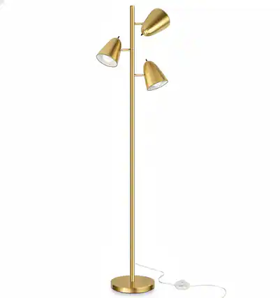 Front. FINEAK - 3-Light Tree Floor Lamp - Brushed Gold Tall Standing Pole Lamp with 3 Adjustable Arms | Reading Lamp - Brushed.