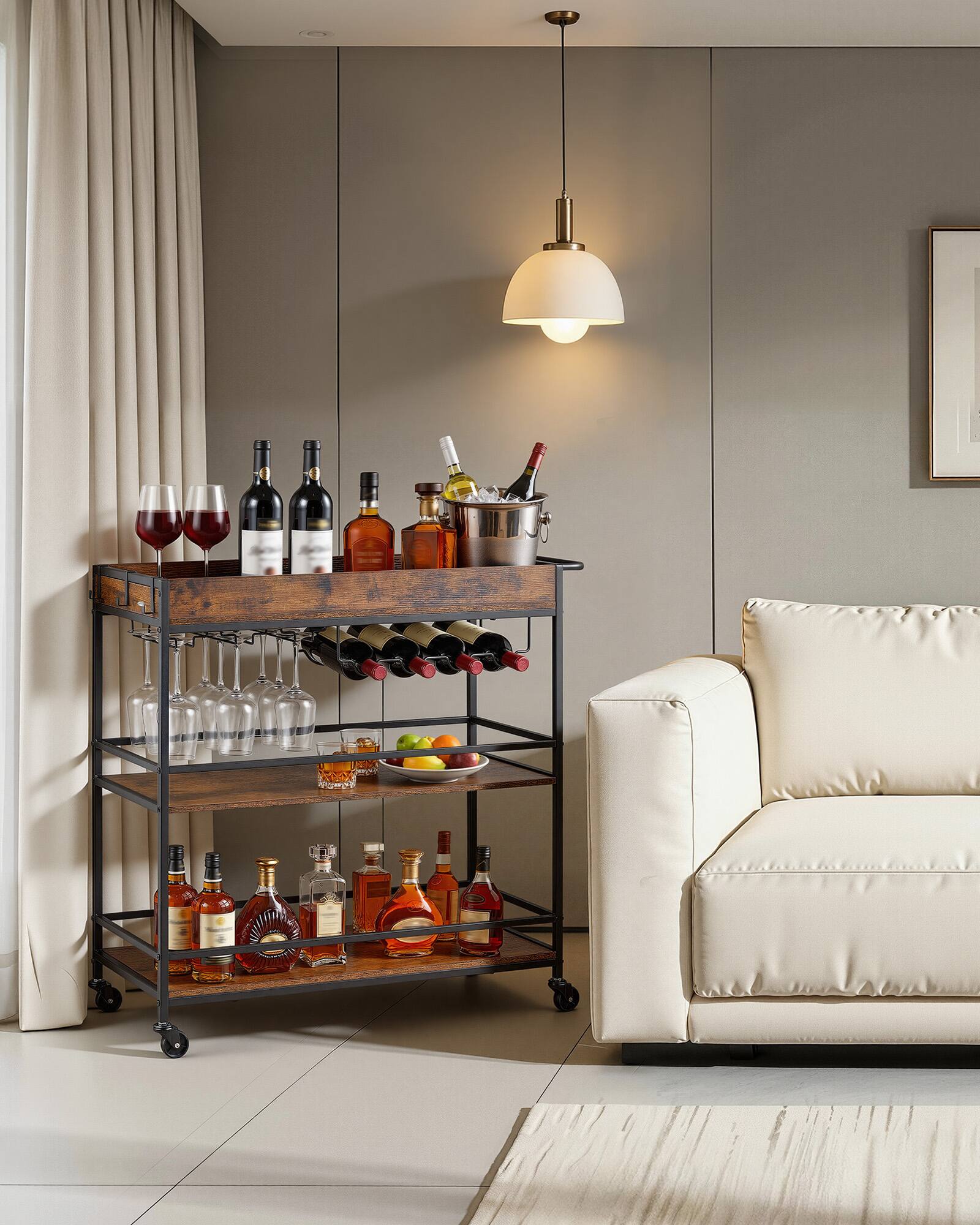 Alt View 2. VEVOR - Bar Cart, 3 Tiers Home Kitchen Serving Carts, Industrial Rolling Utility Station on Wheel, Mobile Drink Beverage Shelf - Black + Brown.