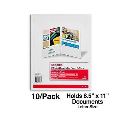 Staples 2-Pocket Laminated Paper Folders  
Wh GAoAST  
100-Sheet Capacity  
Pseudoedged Edges for Longer Lasting Use  
Card Stock  
10 Laminated Folders  
S113379  
10/Pack  
Holds 8.5" x 11" Documents  
Letter Size