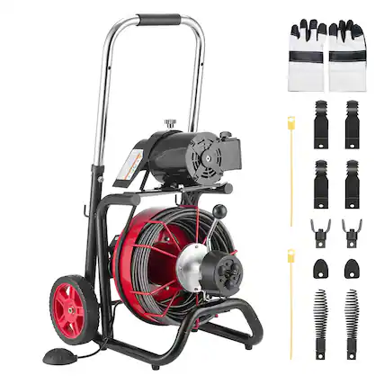 Front. VEVOR - Drain Cleaner Machine 100 FT x 3/8 Inch, Auto Feed Sewer Snake Auger on Wheels - with 8 Cutters & Air-Activated Foot - Black stand + red drum.