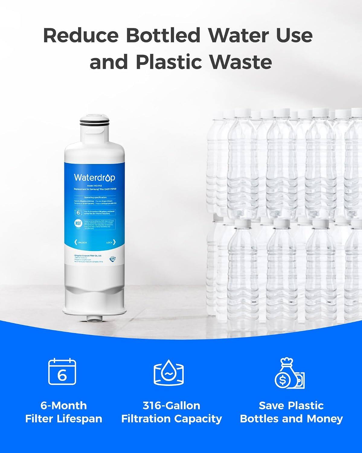Reduce Bottled Water Use and Plastic Waste

Waterdrop SIMMIT WONS Deplacement Samsung* SW SANTITODIA

Camoring specification Doci-liparted - - INFORMATION

6

truma golore  --

NSF

THE

UNLOCK

LOCK

Original

6

6-Month 316-Gallon Save Plastic Filter Lifespan Filtration Capacity Bottles and Money