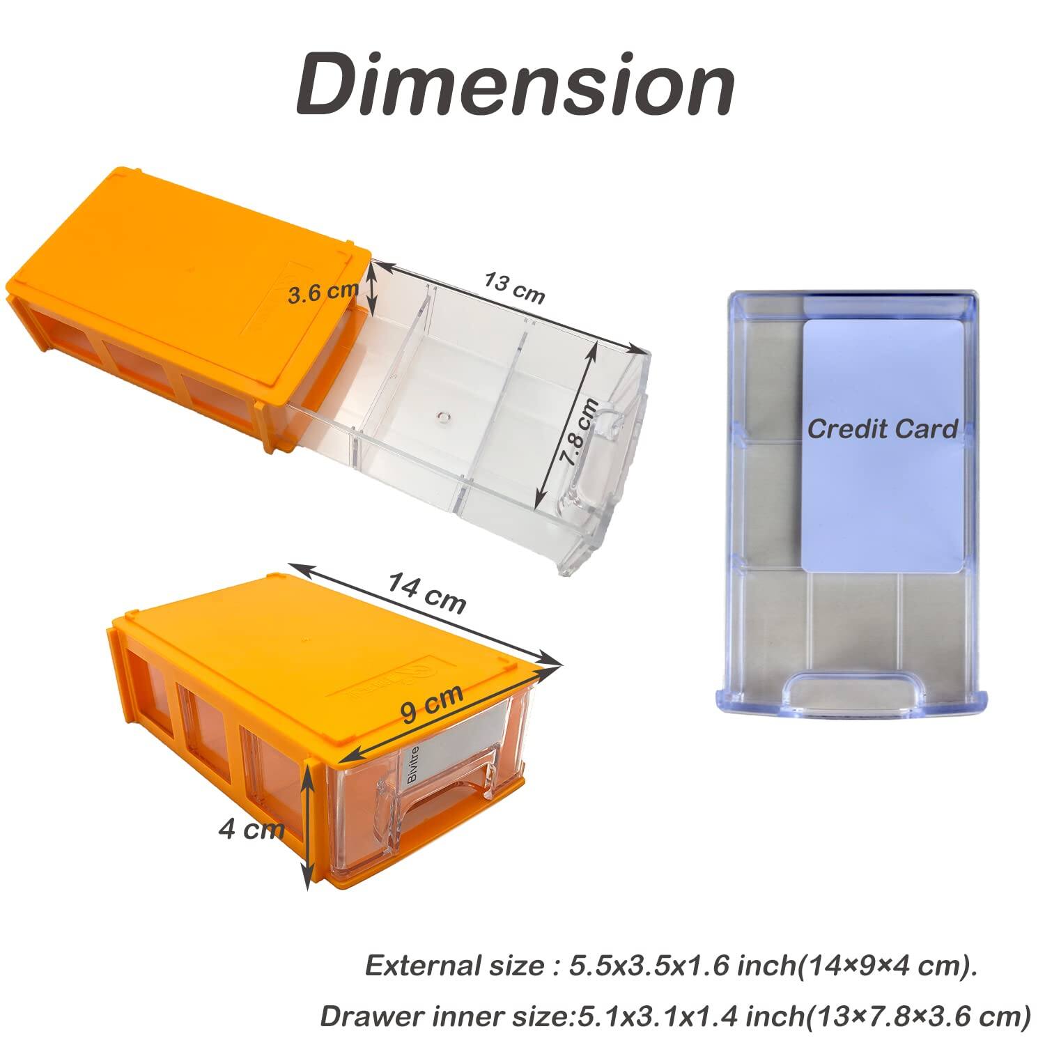 Dimension

External size: 5.5x3.5x1.6 inch (14x9x4 cm).

Drawer inner size: 5.1x3.1x1.4 inch (13x7.8x3.6 cm)

- 14 cm
- 9 cm
- 4 cm
- 13 cm
- 7.8 cm
- 3.6 cm

Credit Card