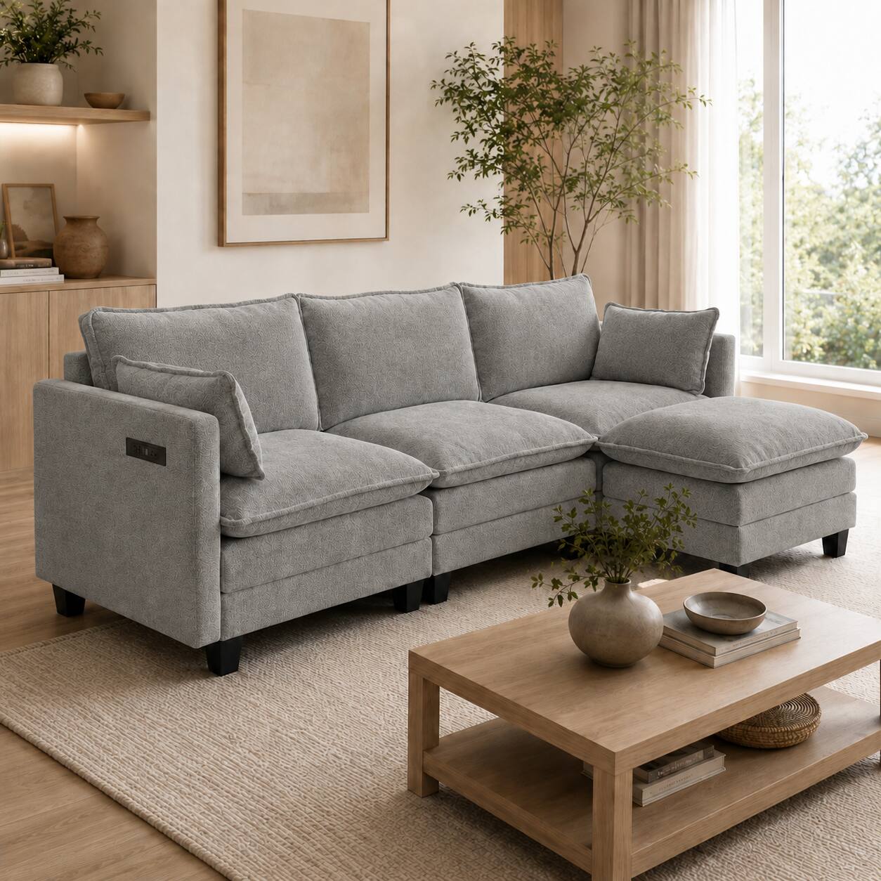 Back. Anysun - Modern Chenille 3-Seat Couch with Matching Ottoman, Built-in USB Ports and Side Pockets - Dark Grey.