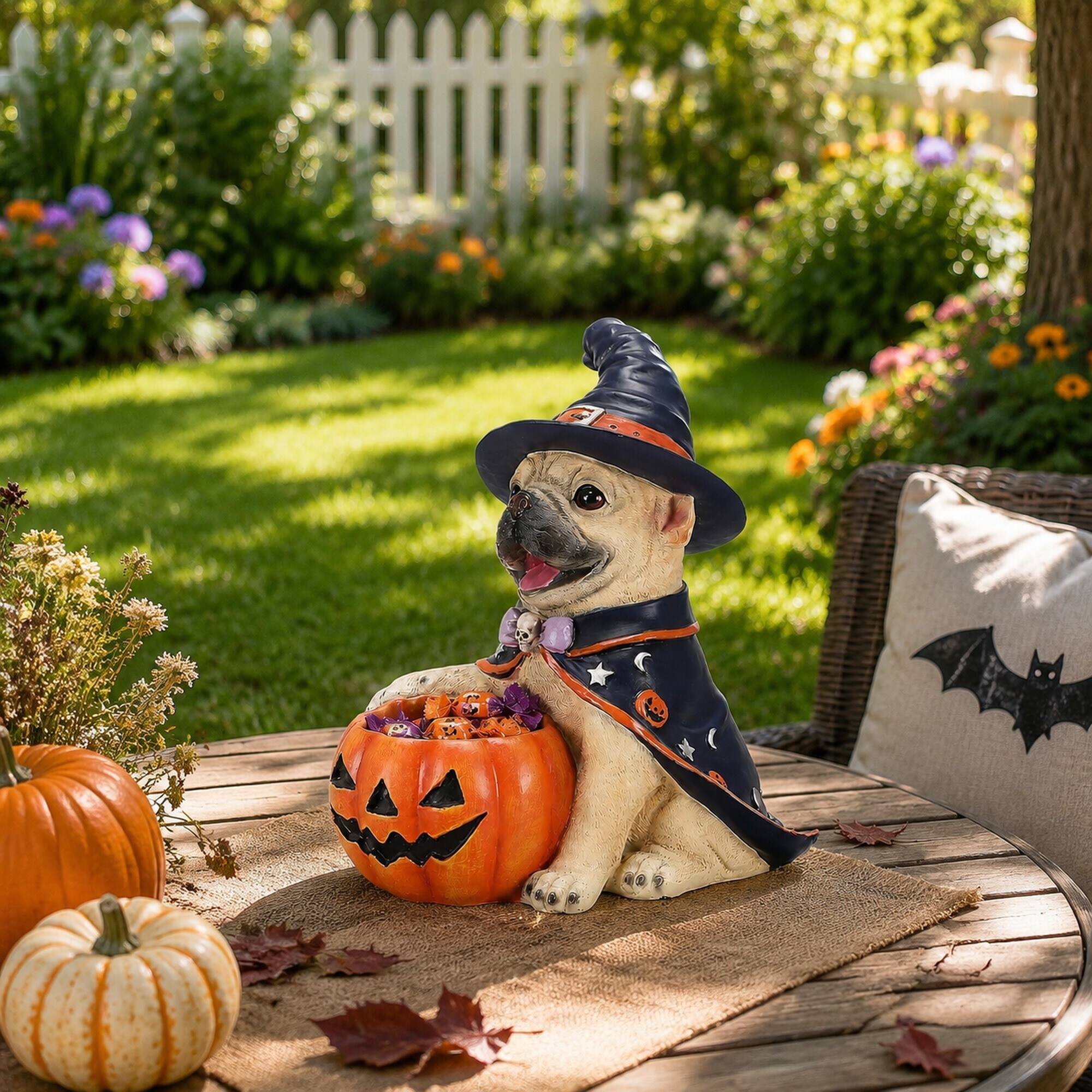 Alt View 2. RYHNUYNE - Halloween French Bulldog Witch Figurine with Pumpkin Candy Bowl Decoration, Cute Puppy Resin Statue for Tabletop - Beige.