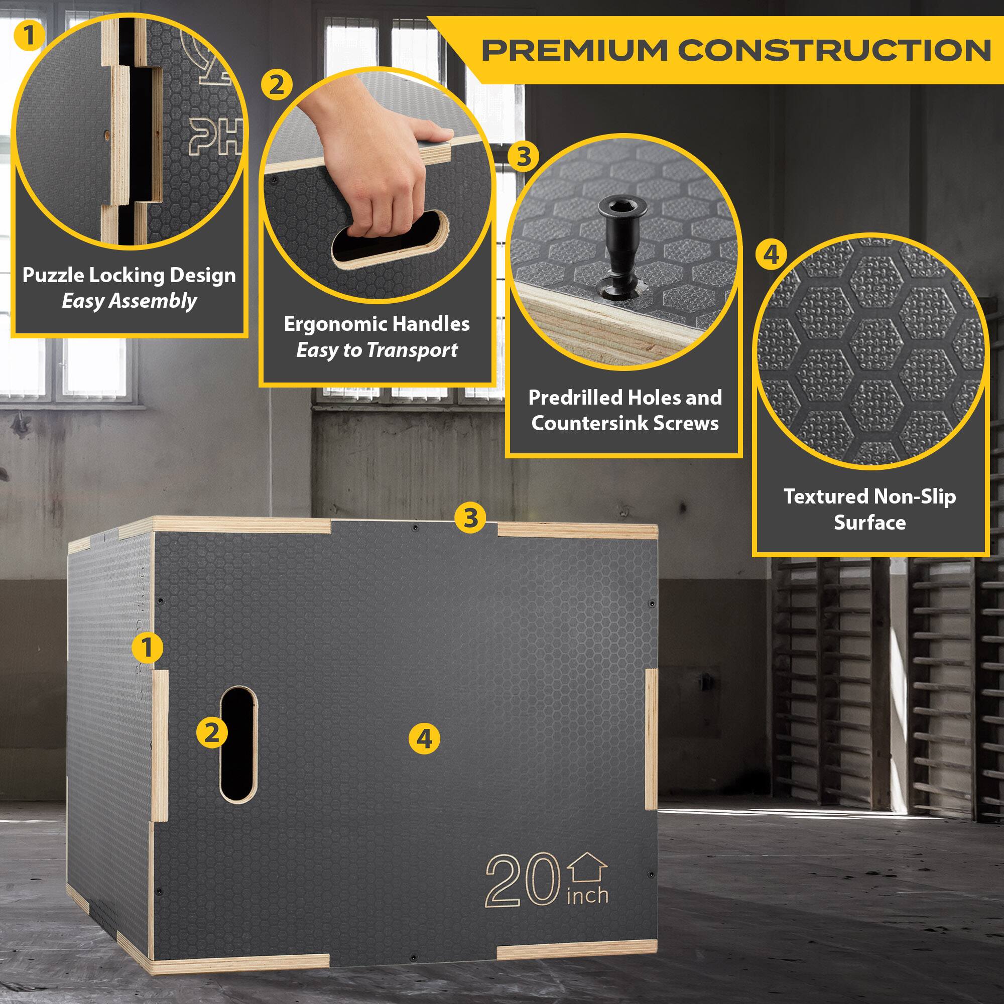 1. HS
2. PREMIUM CONSTRUCTION
3. Puzzle Locking Design
   - Easy Assembly
   - Ergonomic Handles
   - Easy to Transport
4. Predrilled Holes and Countersink Screws
5. Textured Non-Slip Surface
6. 20 inch