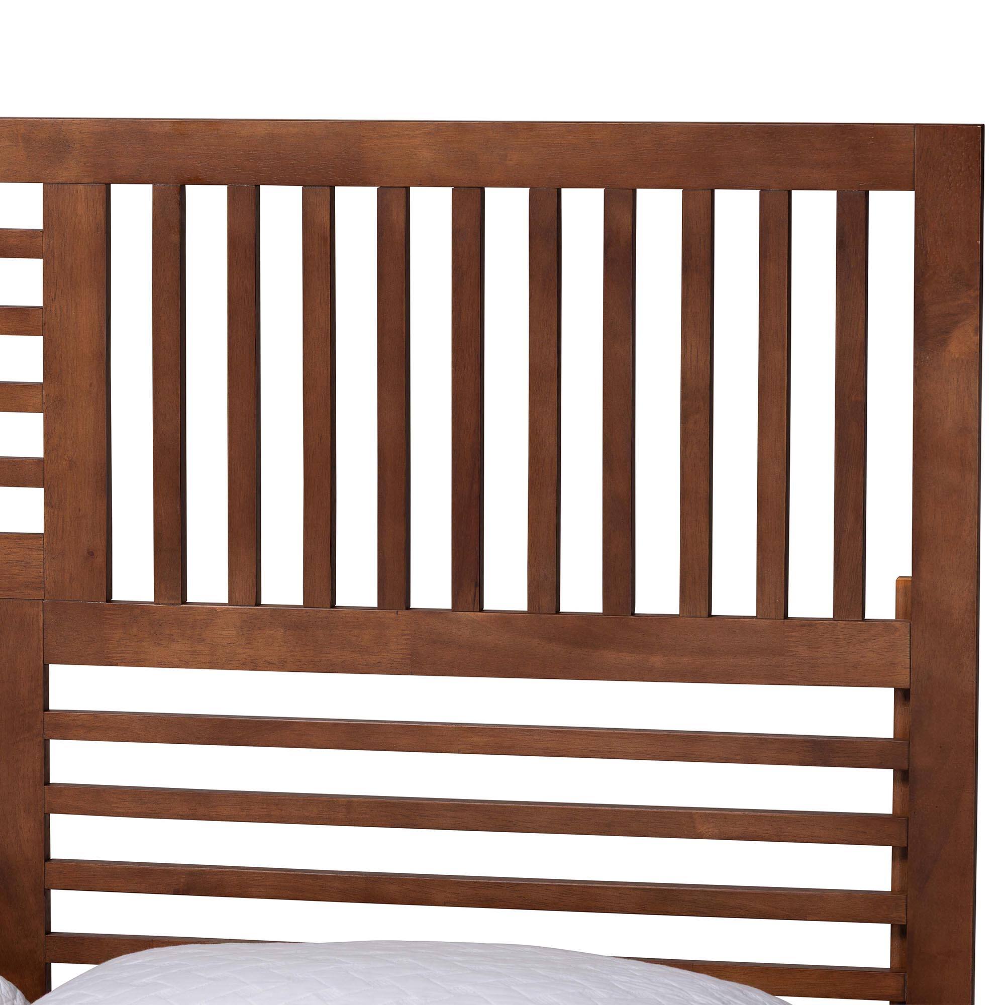 Back. Baxton Studio - Gemma Platform Bed - Mid-Century Modern Bed Frame with Slatted Wood Headboard and Angled Legs for Bedroom, Queen - Ash Walnut.