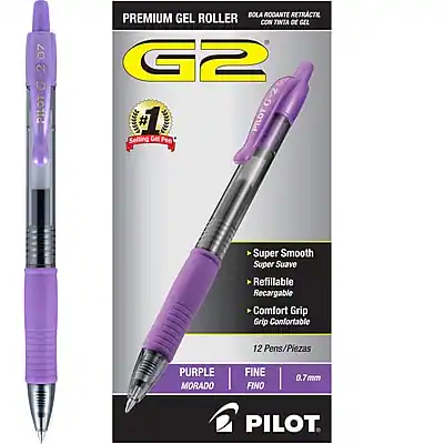**Premium Gel Roller G2**
- **Super Smooth**
- **Super Suave**
- **Refillable**
- **Recargable**
- **Comfort Grip**
- **Grip Confortable**
**12 Pens/Piezas**
**Purple Morado**
**Fine Fino**
**0.7mm**
**Pilot**