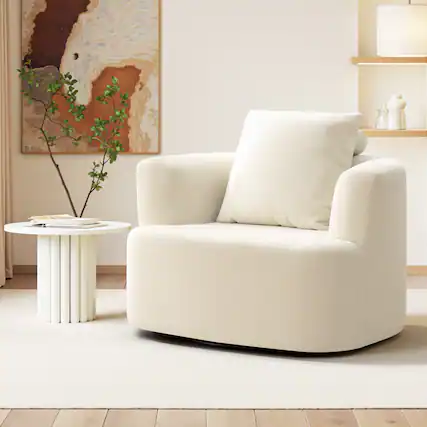Front. KERDOM - Plush Swivel Accent Armchair, Single Sofa Lounge Chair, Upholstered Reading Chair, Reception Room Seating Rotating Base - Beige.