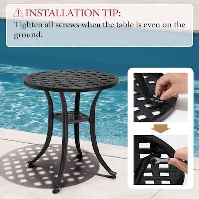 INSTALLATION TIP: Tighten all screws when the table is even on the ground.