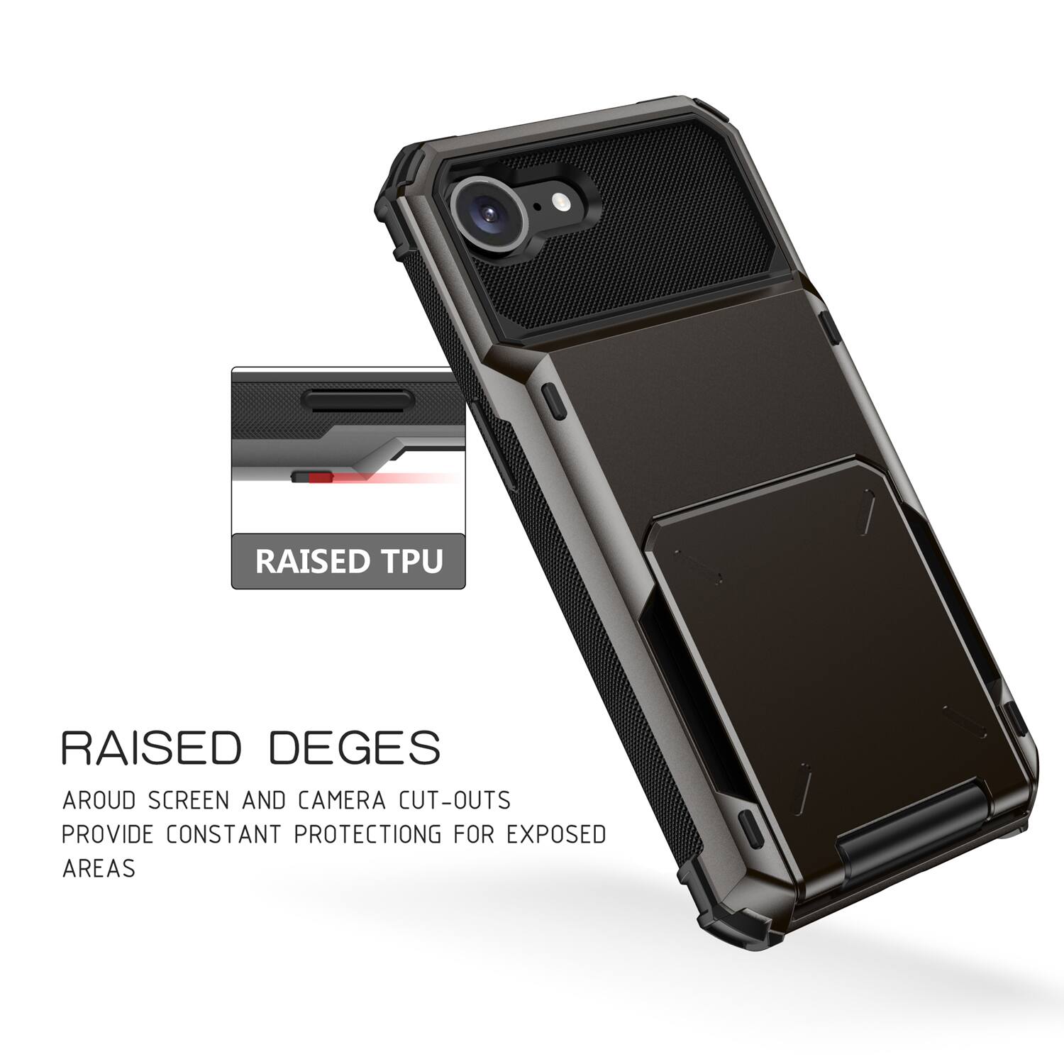 RAISED TPU RAISED DEGES AROUND SCREEN AND CAMERA CUT-OUTS PROVIDE CONSTANT PROTECTION FOR EXPOSED AREAS