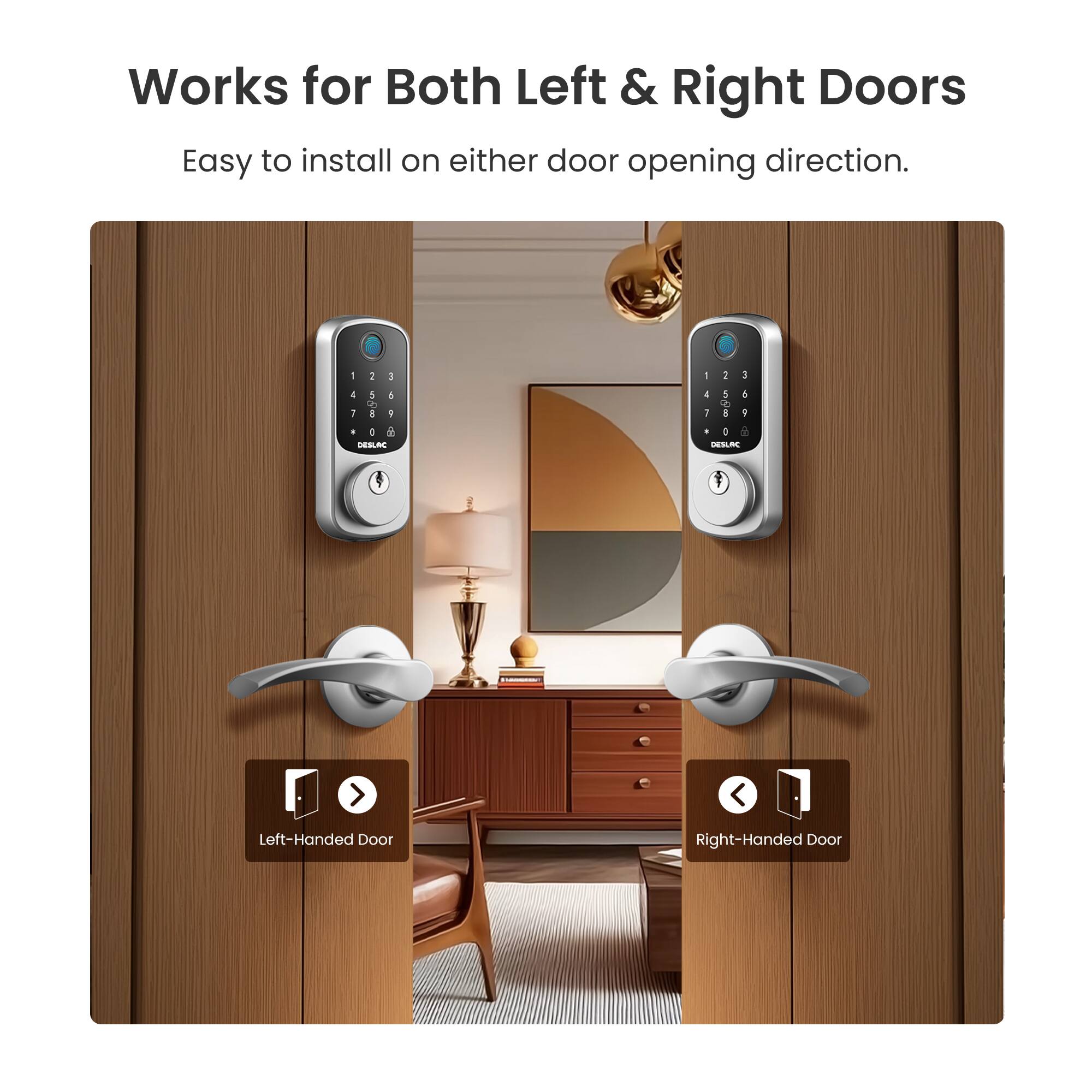 Works for Both Left & Right Doors  
Easy to install on either door opening direction.  

Left-Handed Door  
Right-Handed Door