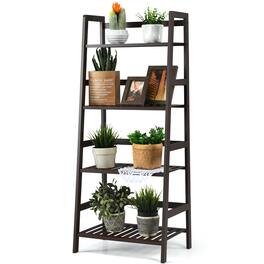 Costway - 4-Tier Bamboo Ladder Shelf Plant Display Stand Rack Bookshelf - Dark Brown