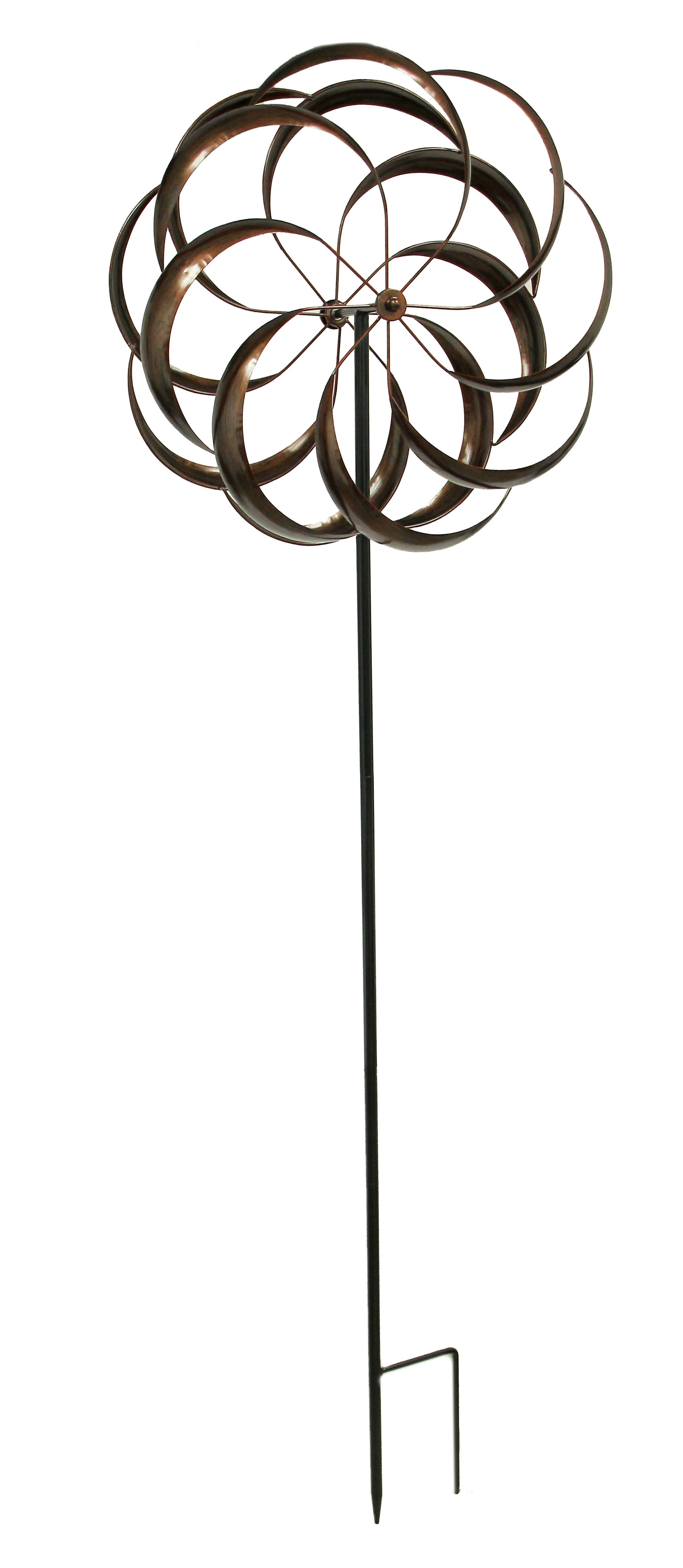Upper Deck - Antique Copper Finish Metal Art Dual Flower Wind Spinner Garden Stake - Brown